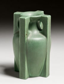Teco Pottery Dark Matte Green Four Buttress Handle Vase c1910