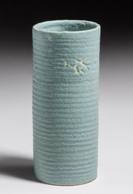 Grueby Pottery Matte Blue Ribbed Vase c1910