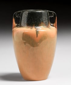 Fulper Pottery Mirror Black & Orange Flambe Two-Handled Vase c1917-1920