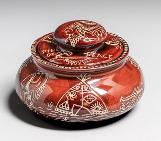 Hugh Hazelton Native American "Pipe of Peace" Stoneware Humidor 1914