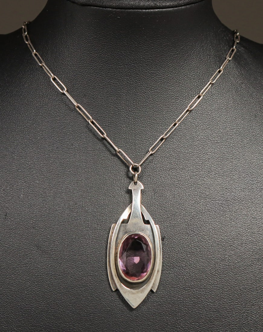 Kalo - Chicago Prairie School Sterling Silver Faceted Amethyst Pendant Necklace c1910 (1 of 6)