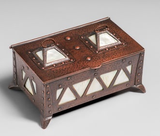 Charles Frederick Eaton Hammered Copper & Abalone Box c1900s