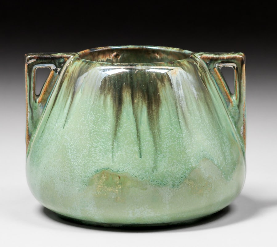 Fulper Pottery Two-Handled Black & Green Flambe Vase c1910 (1 of 4)
