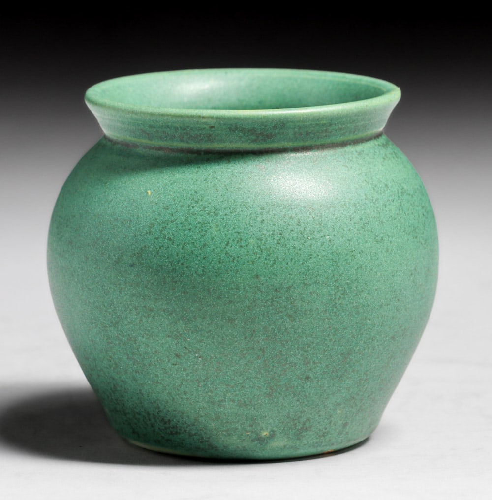 Arts & Crafts Matte Green Vase c1920s: Arts & Crafts Matte Green Vase c1920s. Signed. Perfect condition. 3.25"h x 3.5"d Spend $7500 or more at this auction and all of your SHIPPING IS FREE within the lower 48 states. SHIPPING We box and sh