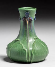 Contemporary Ephraim Faience Kevin Hicks Matte Green Carved Iris Vase
