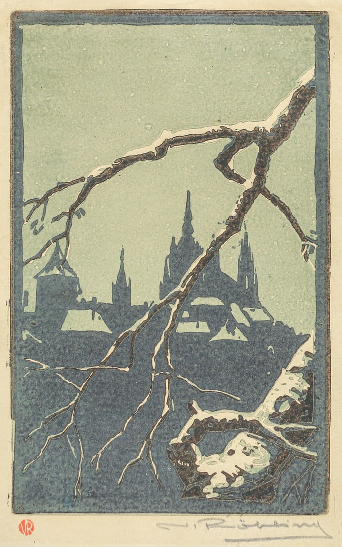 Vladislav Rohling (Prague, Czech Republic 1878-1949) Color Woodcut View of Prague Castle c1910 (1 of 7)
