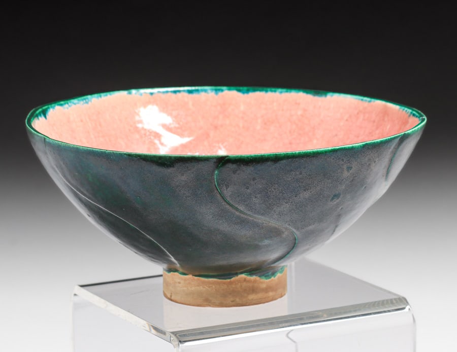 Jalan Pottery - San Francisco - Manuel Jalanavich & Ingvardt Olsen Chinese Green & Pink Crackleware: Jalan Pottery - San Francisco - Manuel Jalanavich & Ingvardt Olsen Chinese Green & Pink Crackleware Bowl c1920s. Jalanavich grew up in Biloxi, MS and studied with George Ohr about 1910-12, studied wit