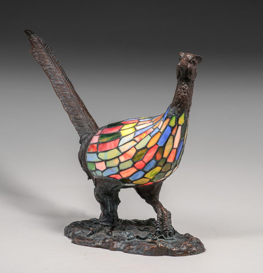Charles Schneider - French Bronze & Stained Glass Pheasant Lamp c1915 (1 of 8)