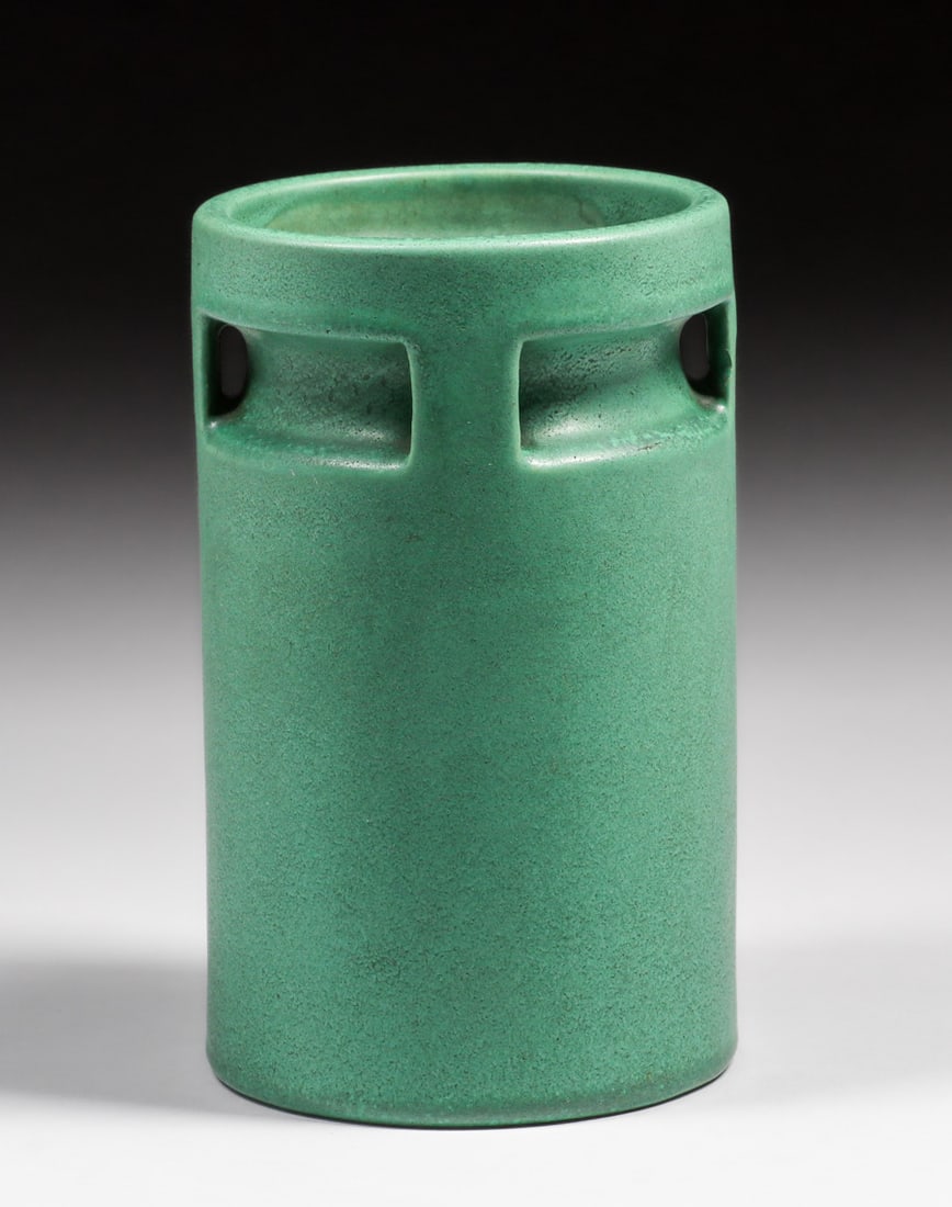 Teco Pottery #374 Matte Green Handle Cutout Vase c1904 (1 of 5)