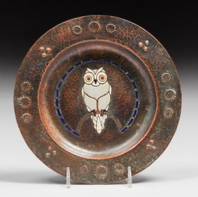 Ludwig Vierthaler Hammered Copper & Enamel Owl Tray c1905