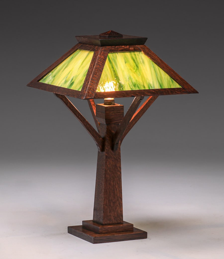 Arts & Crafts Oak & Green Slag Glass Lamp c1910 (1 of 7)