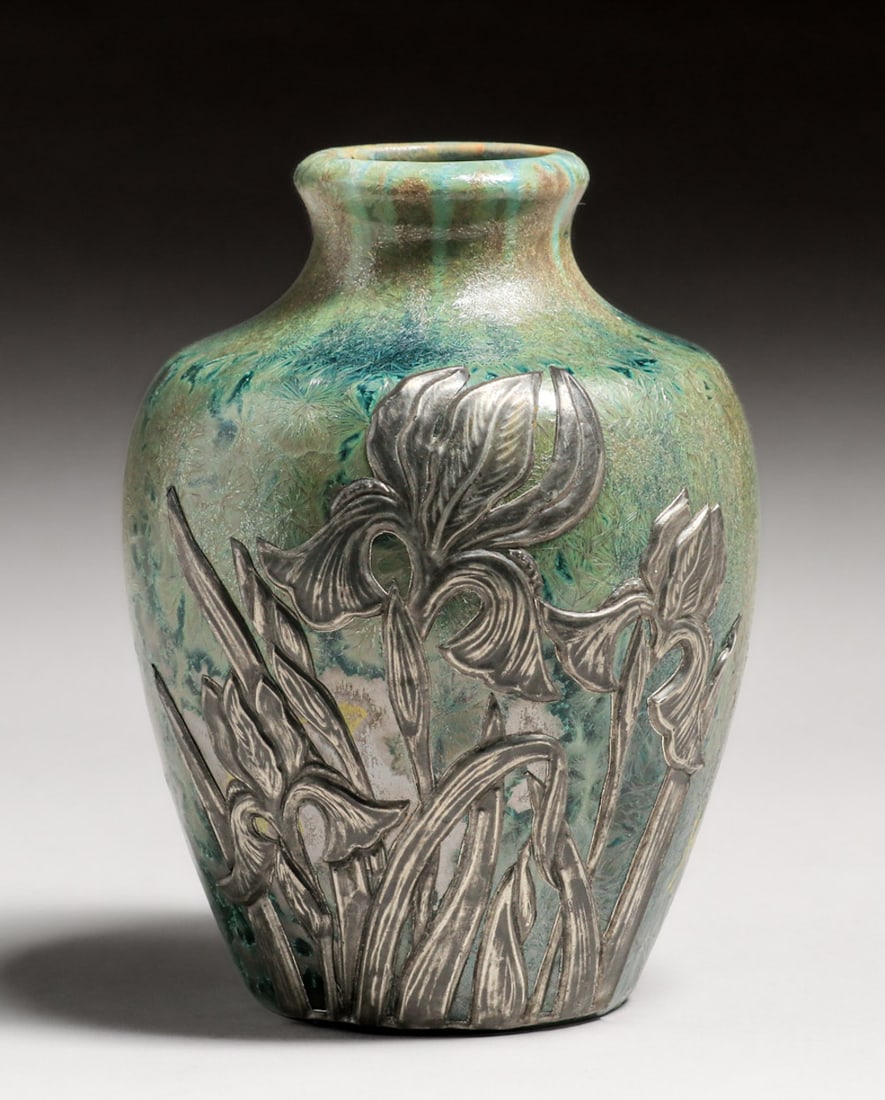 Pierrefonds - French Art Nouveau Silver Overlay Floral Crystalline Vase c1910 (1 of 4)