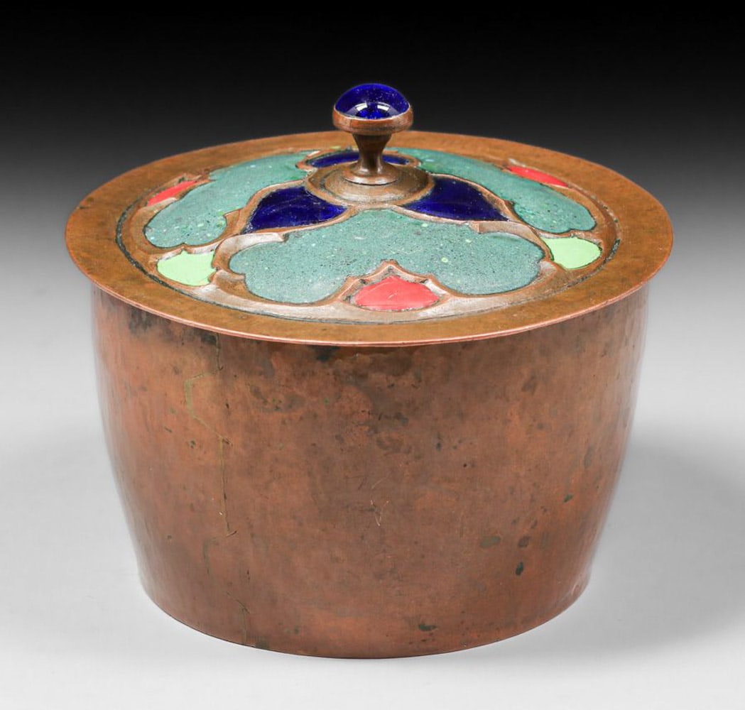 Early Harry St John Dixon Hammered Copper & Enamel Covered Vase c1915-1920: Early Harry St John Dixon Hammered Copper & Enamel Covered Vase c1915-1920. The Orientalist influence of this piece has roots from Dixon's several years working for Lillian Palmer in San Francisco fro