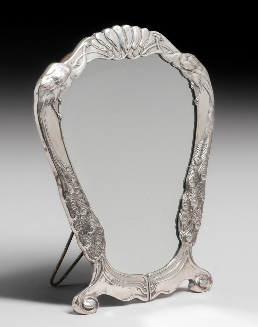 Friedrich Adler - Osiris Art Nouveau Pewter Peacock Mirror c1905 (1 of 4)