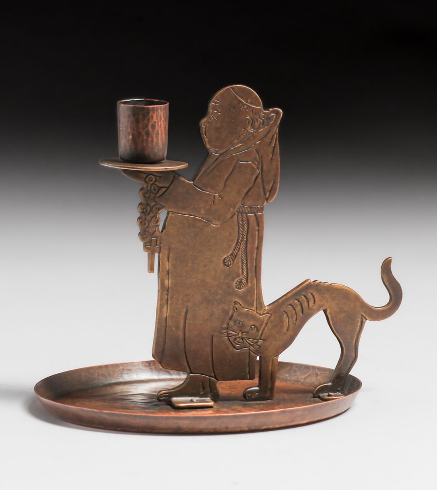 Ignatius Taschner - German Monk & Cat Shaped Hammered Copper & Brass Candlestick c1900 (1 of 3)