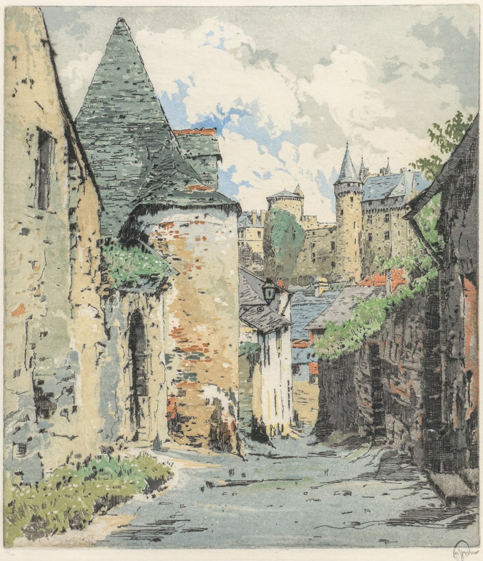 Hans Figura (Austrian 1898-1978) Colored Etching "Vitré - Bretagne" c1920s (1 of 5)