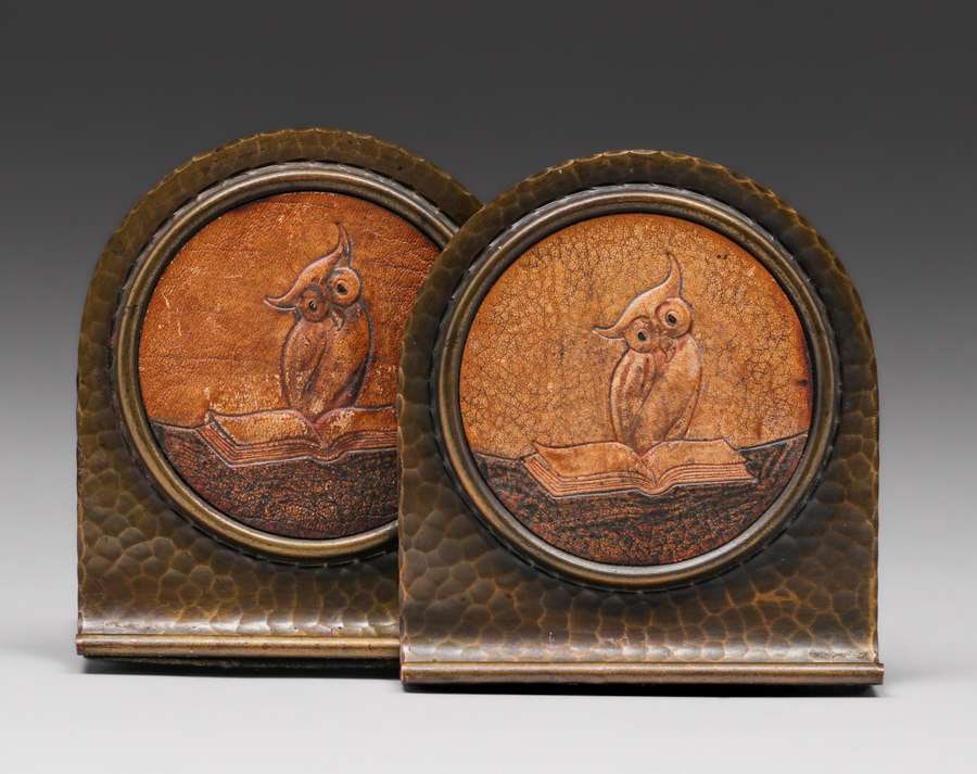 Roycroft Hammered Copper Tooled Leather Owl Bookends c1920s (1 of 3)