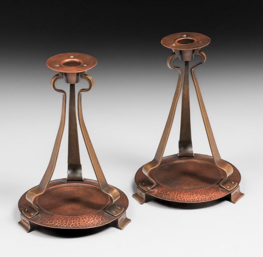 WMF - German Hammered Copper & Brass Candlesticks c1905 (1 of 4)
