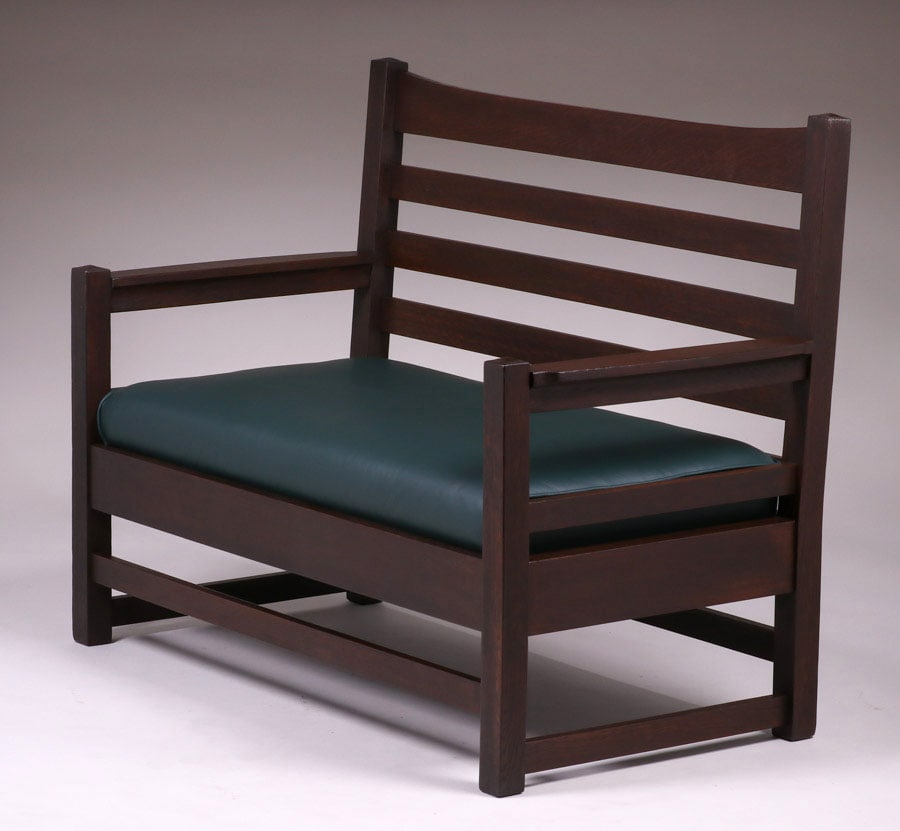 Early Gustav Stickley #161 Ladderback Bench Settle c1902: Early Gustav Stickley #161 Ladderback Bench Settle c1902. Unsigned. Very nicely refinished. Rock solid sturdy. 50.25"w x 38.75"h x 25.25"d. FREE NATIONWIDE SHIPPING for all of your purchases at our Tw