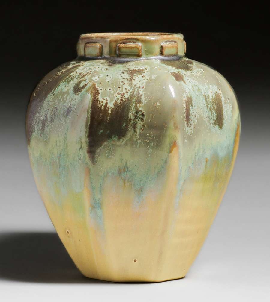 Fulper Pottery Eight-Sided Leoparkskin & Yellow Flambe Vase c1910s (1 of 4)