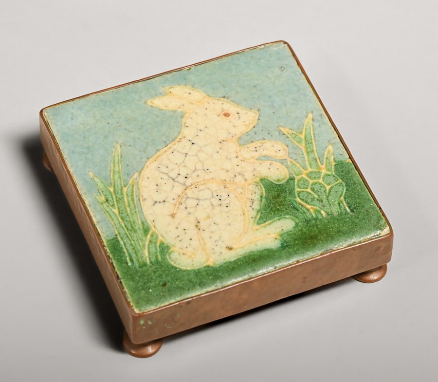 Grueby - Boston Handicraft Shop Hammered Copper Framed Trivet Tile c1905: Grueby - Boston Handicraft Shop Hammered Copper Framed Trivet Tile c1905. Grueby artist signed "DC" and signed with Boston Handicraft Shop "HS" and anvil mark. Excellent original patina. Grueby tile i