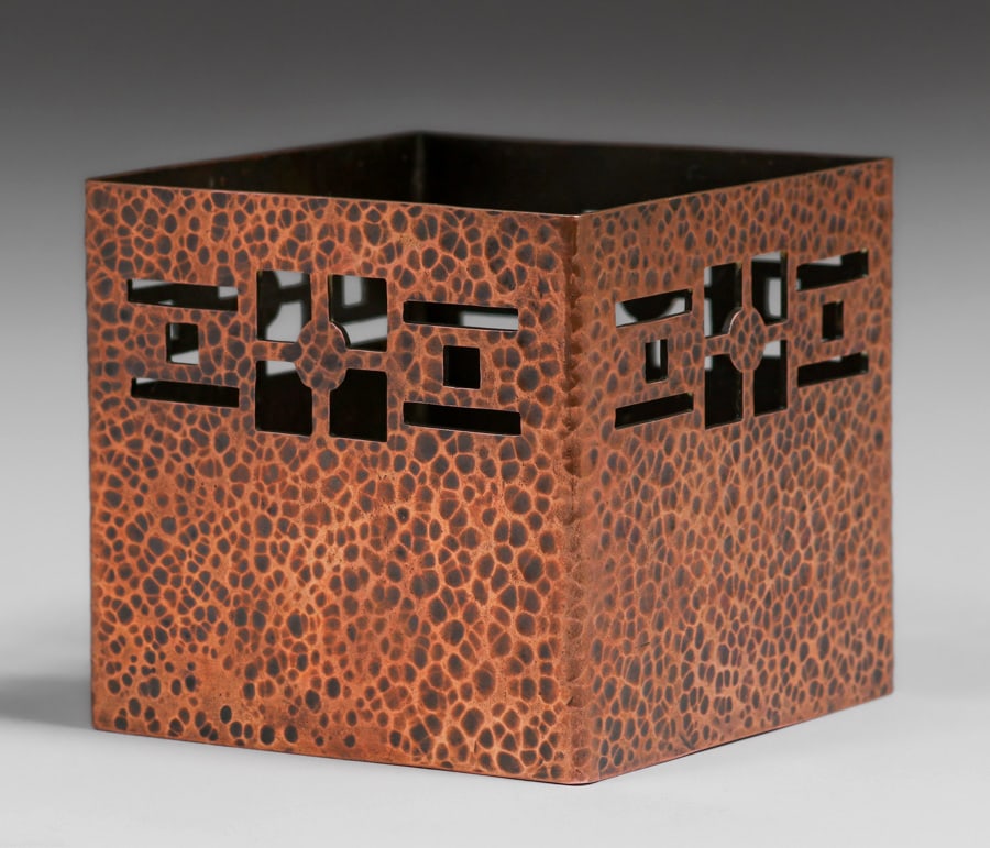 G.E. Mann - Chicago Hammered Copper Cutout Square Vase c1910 (1 of 5)