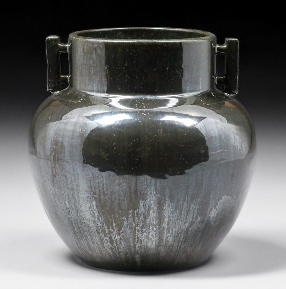 Fulper Pottery Speckled Mirror Black Two-Handled Chinese Form Vase c1910s (1 of 5)