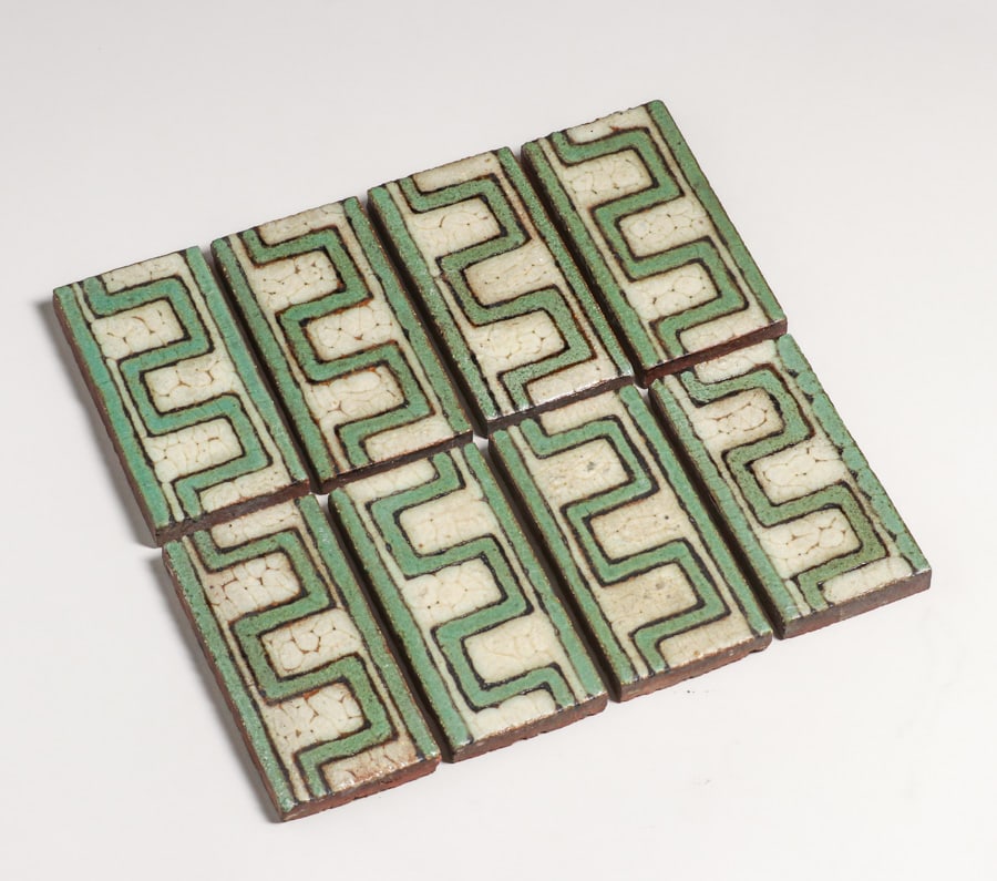 Grueby Pottery Green & White Set of 8 Border Tiles c1910 (1 of 6)