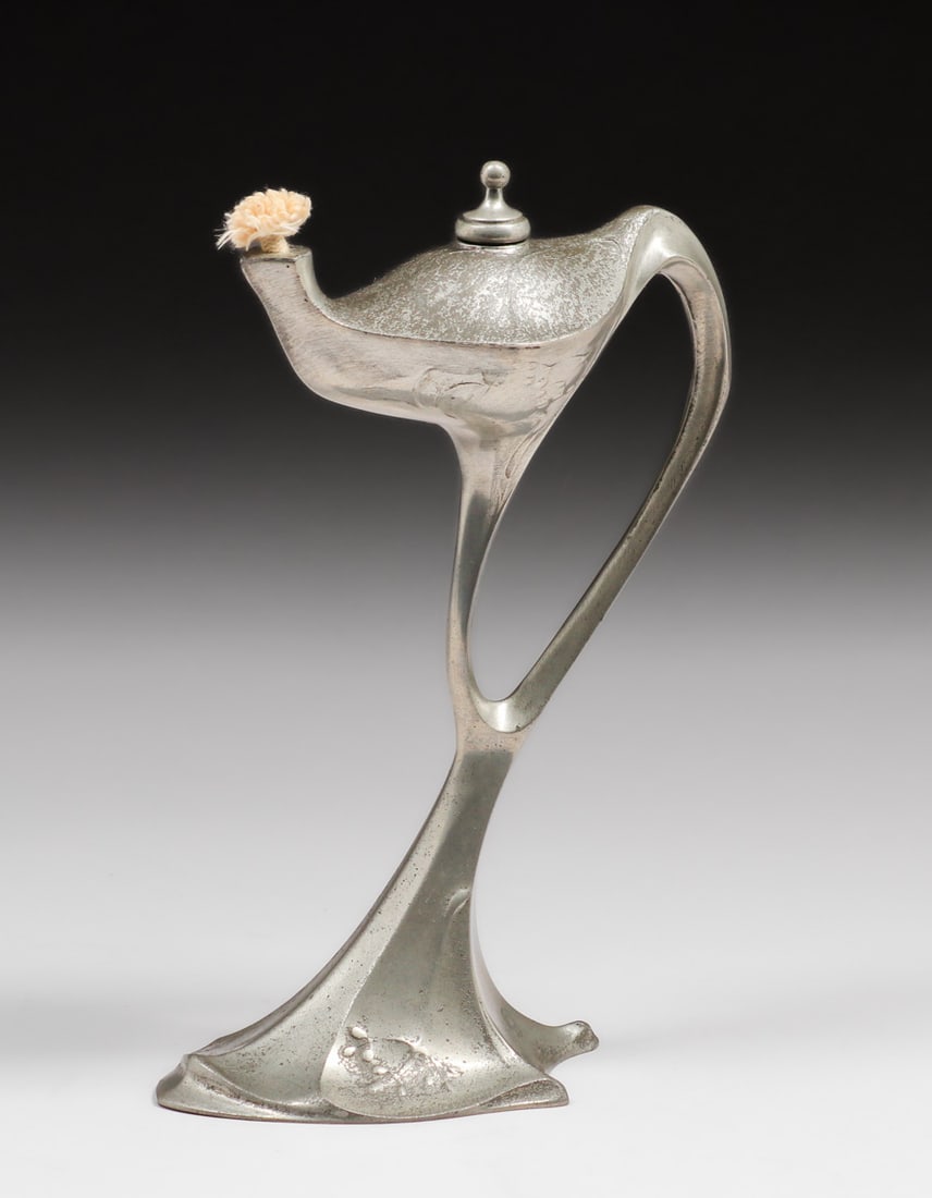 Kayserzinn Hugo Leven Art Nouveau Oil Lamp c1980s: Kayserzinn Hugo Leven Art Nouveau Oil Lamp c1980s. Signed. Comes with original fitted box. 9.75"h. FREE NATIONWIDE SHIPPING for all of your purchases at our Two Day Auction within the lower 48 states.