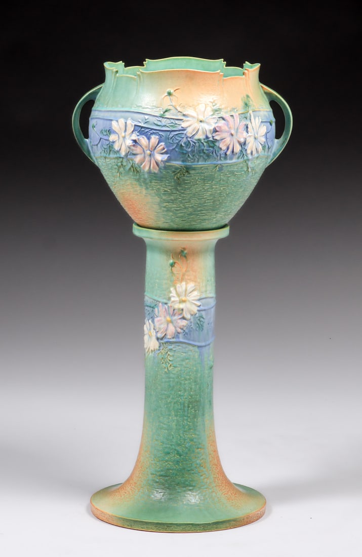 Roseville Cosmos Jardiniere & Pedestal 1939: Roseville Cosmos Jardiniere & Pedestal 1939. Signed. Perfect condition. 32"h x 14"w. FREE NATIONWIDE SHIPPING for all of your purchases at our Two Day Auction within the lower 48 states. No matter whe