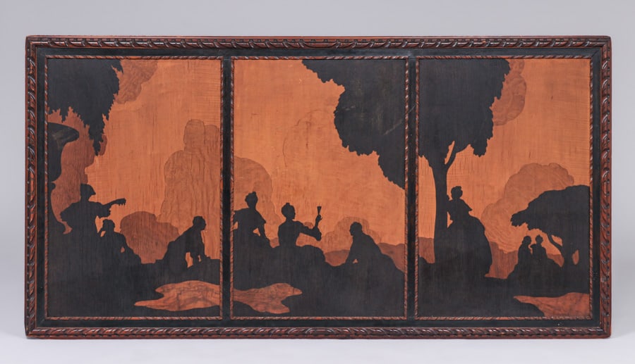 A.J. Rowley - Kensington, England Inlaid Marquetry Triptych Panel c1920s: A.J. Rowley - Kensington, England Inlaid Marquetry Triptych Panel c1920s. Signed. Excellent original finish. 67"w x 34.75"h. Each panel 18.5"w x 29.5"h. FREE NATIONWIDE SHIPPING for all of your purcha