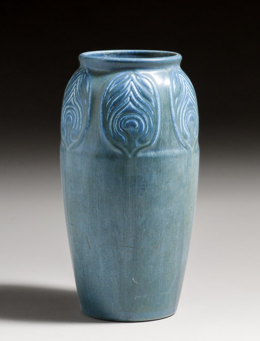 Rookwood Pottery #2432 Matte Blue Peacock Feather Vase 1919 (1 of 4)