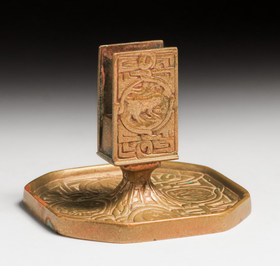 Tiffany Studios #1041 Gold Dore Zodiac Matchbox Holder Ashtray c1910 (1 of 8)