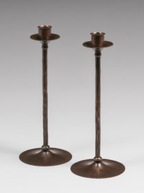 Roycroft Pair Tall Hammered Copper Candlesticks c1920s