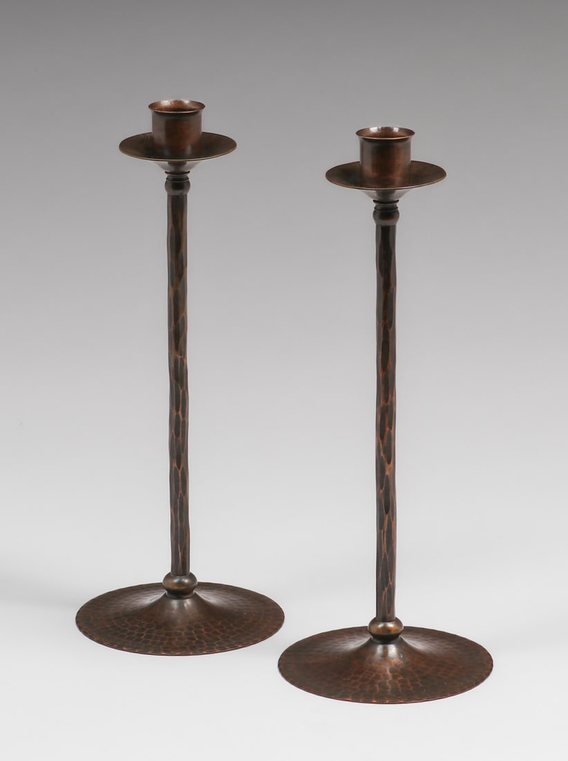 Roycroft Pair Tall Hammered Copper Candlesticks c1920s (1 of 4)
