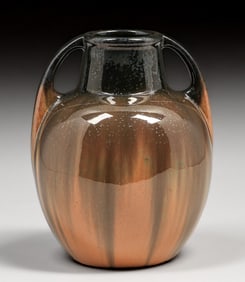 Fulper Pottery Orange & Mirror Black Tiger's Eye Flambe Two-Handled Vase c1917-1920