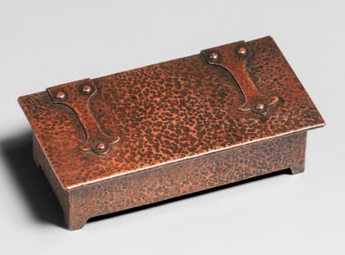 Small Arts & Crafts Hammered Copper Strap-Hinge Box c1910