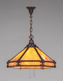 Arts & Crafts Brass & Slag Glass Hanging Chandeliere c1910s