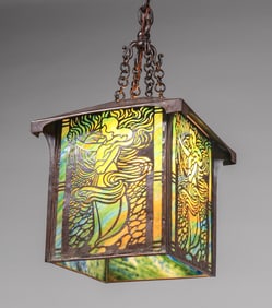 Frost - Dayton, OH Mermaid Cutout Overlay Slag Glass Hanging Light c1910