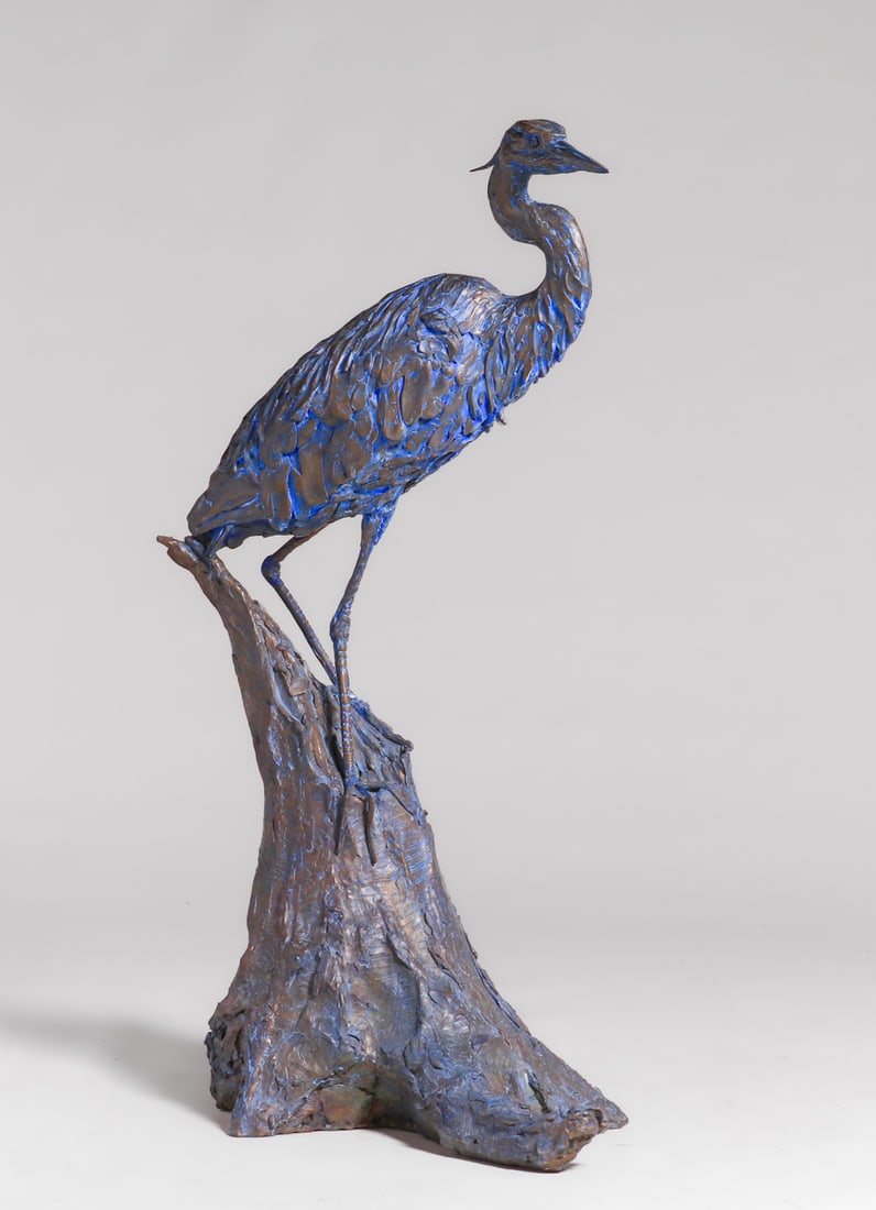 Paul Rhymer Blue Heron Bronze c2010s: Paul Rhymer Blue Heron Bronze c2010s. Signed. Excellent original patina. 48"h x 26" x 18"w. FREE NATIONWIDE SHIPPING for all of your purchases at our Two Day Auction within the lower 48 states. No mat