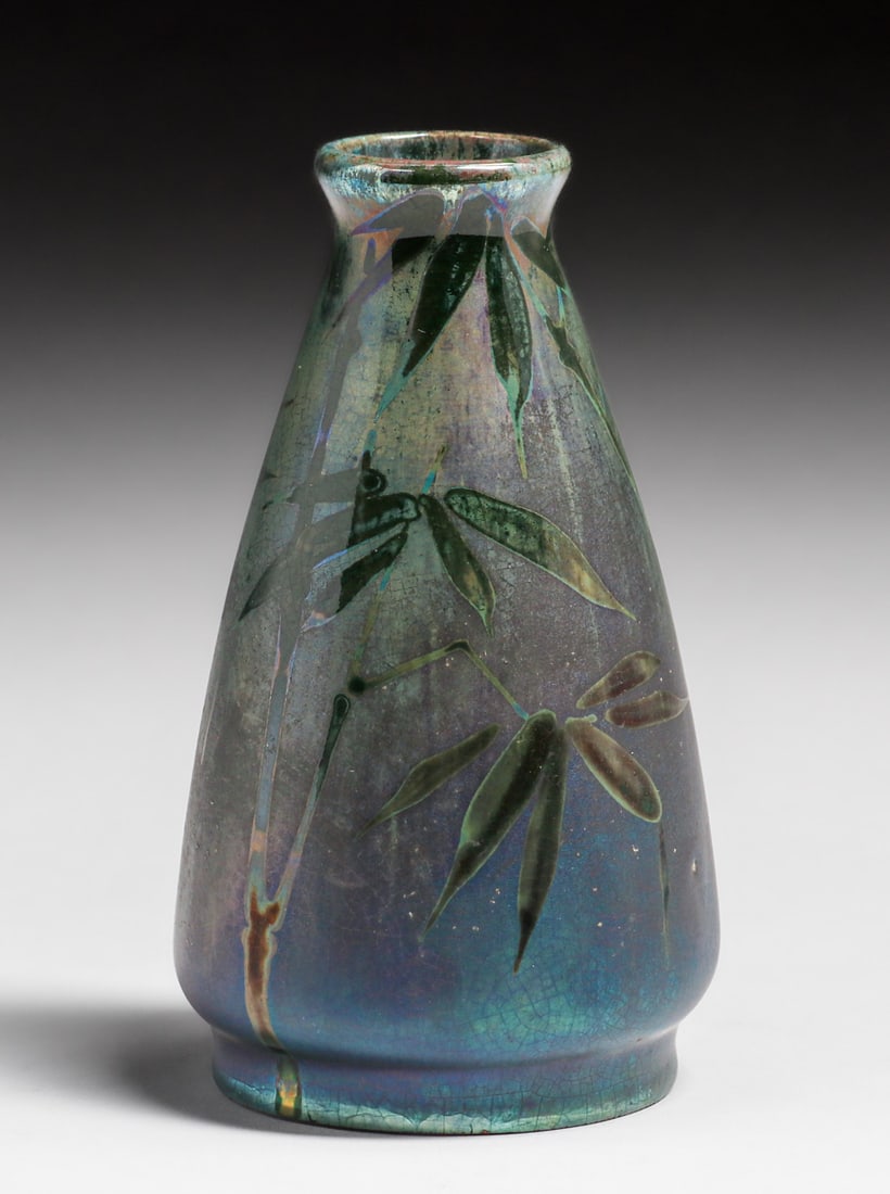 Montieres French Iridescent Bamboo Leaf Vase c1905: Montieres French Iridescent Bamboo Leaf Vase c1905. Signed. Perfect condition. 5.25"h x 2.5"d. FREE NATIONWIDE SHIPPING for all of your purchases at our Two Day Auction within the lower 48 states. No 
