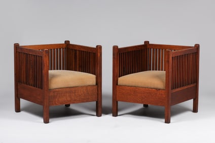 Gustav Stickley Pair Spindled Cube Chairs c1907