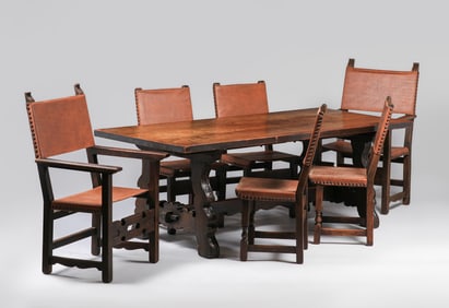 George S. Hunt - Pasadena Spanish Revival Dining Table & Six Chairs c1920