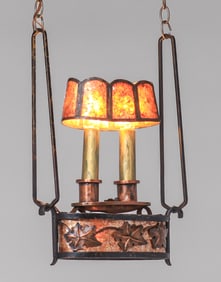Arts & Crafts Hammered Copper, Brass & Mica Hanging Light c1910