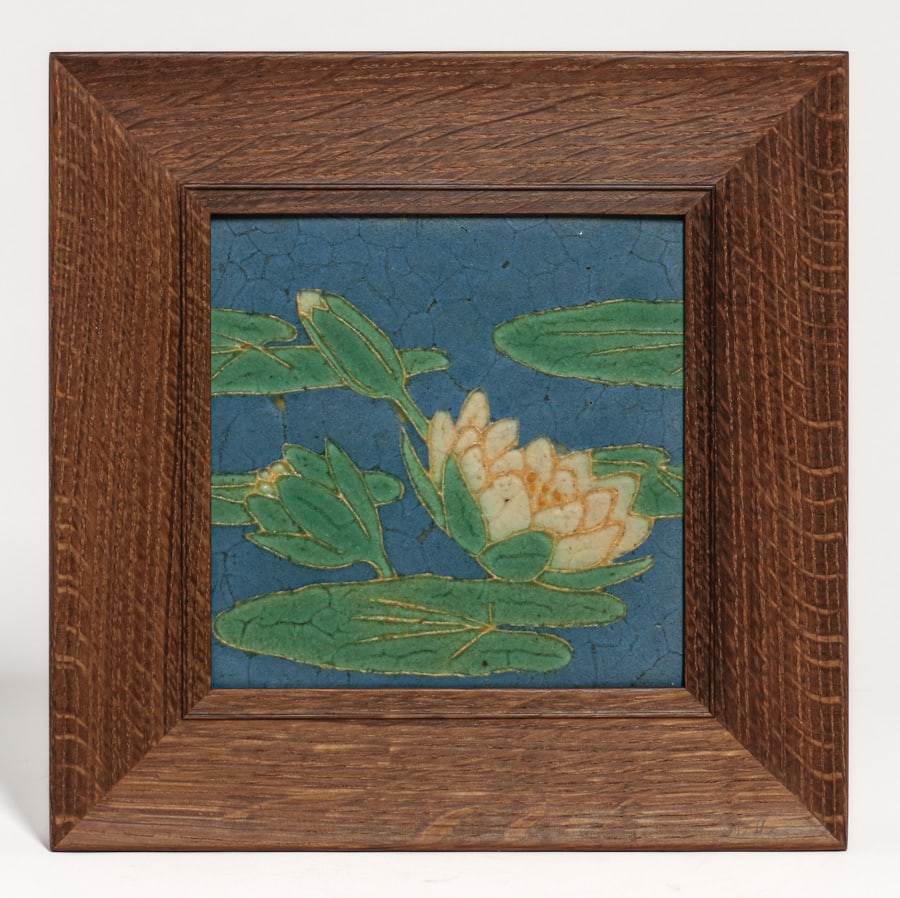 Grueby Pottery Waterlily Tile c1910 (1 of 4)