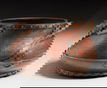 Stickley Brothers Hammered Copper & Brass Heart Cutout Jardiniere c1910