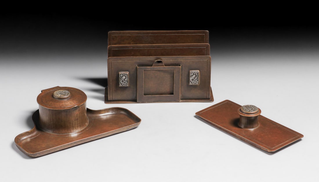 Potter Studios - Cleveland Hammered Copper & Silver Inkwell tray c1920 (1 of 5)