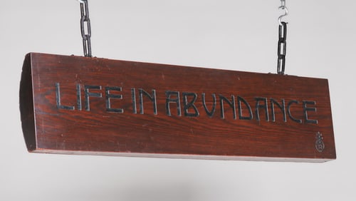 Roycroft "LIFE IN ABUNDANCE" Hand-Carved Half Log Motto c1905