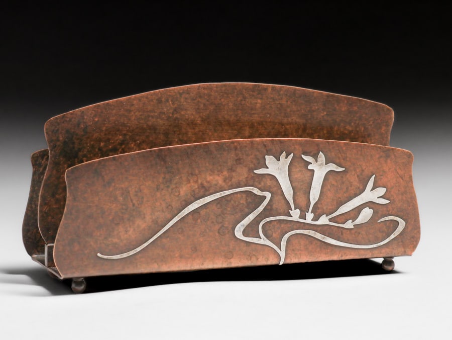 Heintz Sterling on Bronze Letter Rack c1910s: Heintz Sterling on Bronze Letter Rack c1910s. Unsigned. Excellent new patina. 7 3/8"w x 3.75"h x 2 3/8". FREE NATIONWIDE SHIPPING for all of your purchases at our Two Day Auction within the lower 48 s