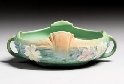 Roseville Pottery Green Cosmos Two-Handle Bowl 1939